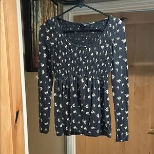 American Eagle Outfitters Black and White Smocked Blouse